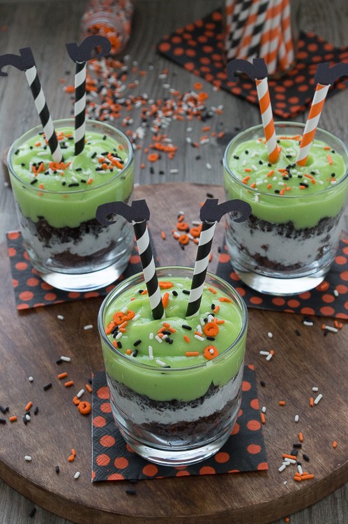 Celebrate Halloween with a pudding parfait. Mix up some green pudding and add in brownie pieces, whipped cream, and oreos. Top the parfait with easy to make witch’s legs! 