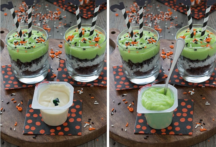 Celebrate Halloween with a pudding parfait. Mix up some green pudding and add in brownie pieces, whipped cream, and oreos. Top the parfait with easy to make witch’s legs! 