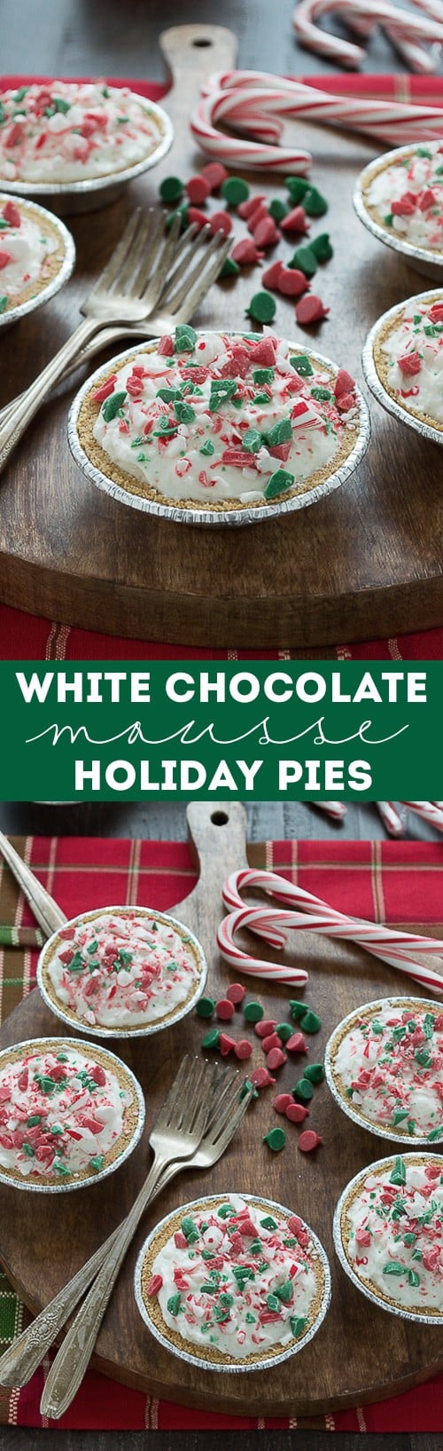 No bake mini white chocolate mousse pies are terrific for Christmas! Top them with red and green holiday chocolate chips!