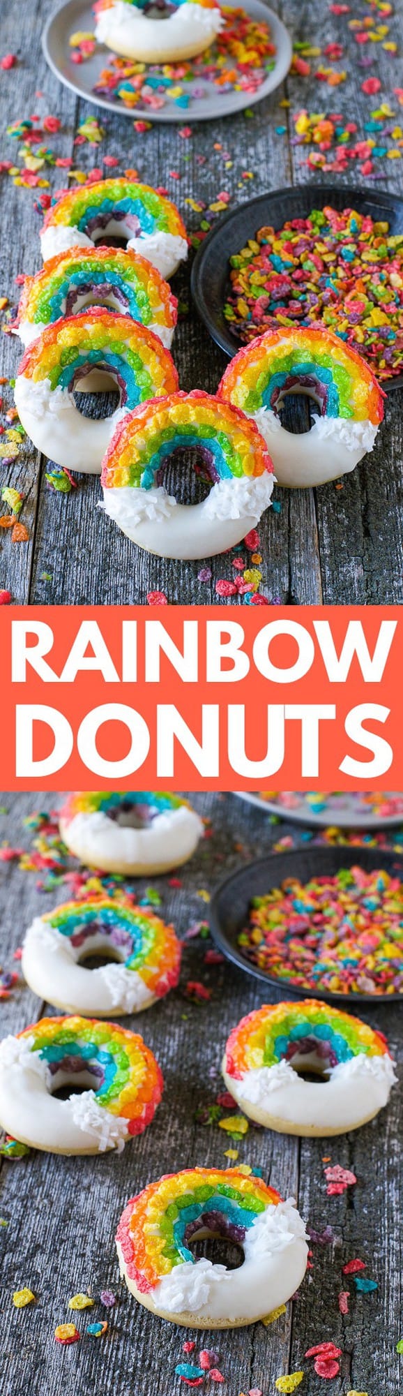 Rainbow Donuts - these fun donuts are made using fruity pebbles, white chocolate and shredded coconut!