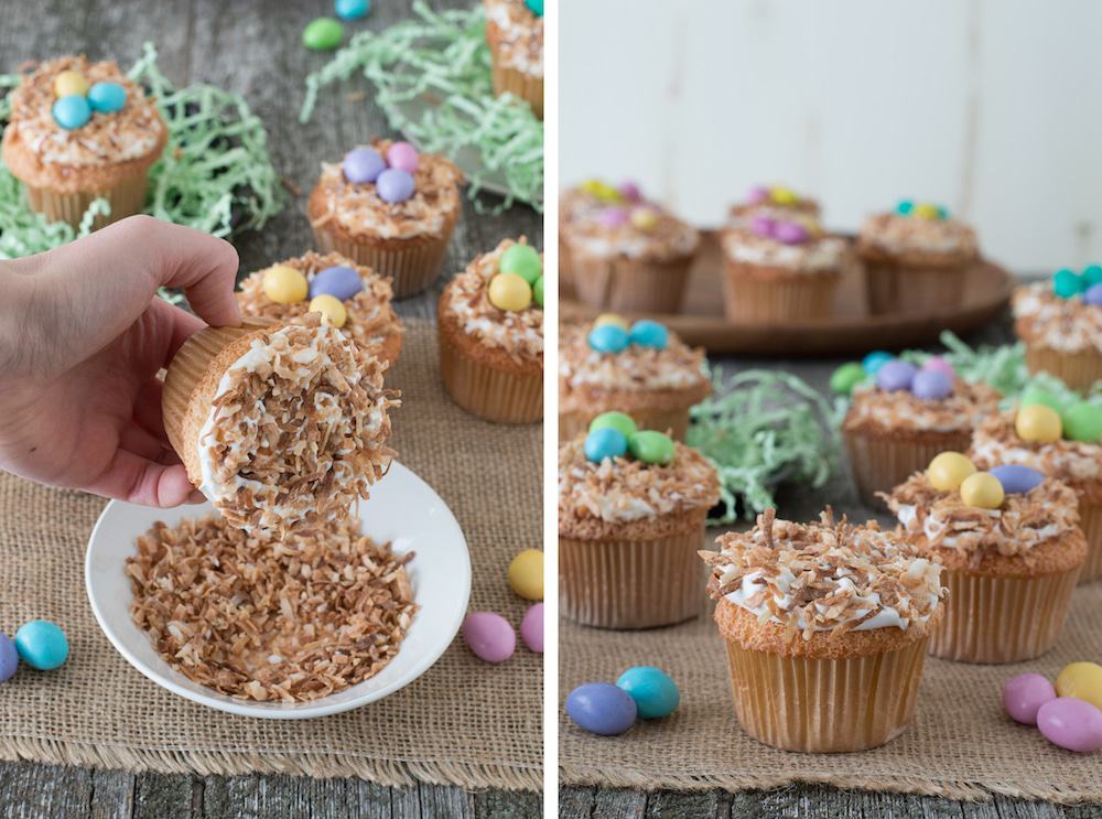 Angel Food Bird Nest Cupcakes - a fun bird nest cupcake using angel food cake and toasted coconut!
