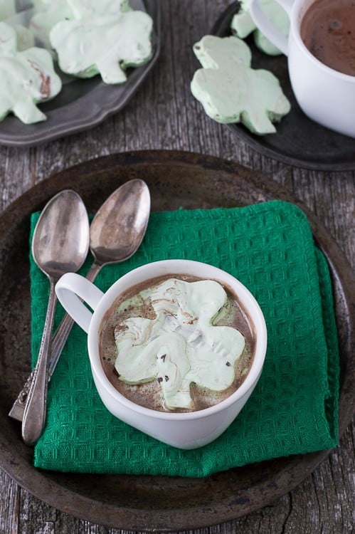Mint Chocolate Chip Shamrock Marshmallows in a cup of Hot Cocoa