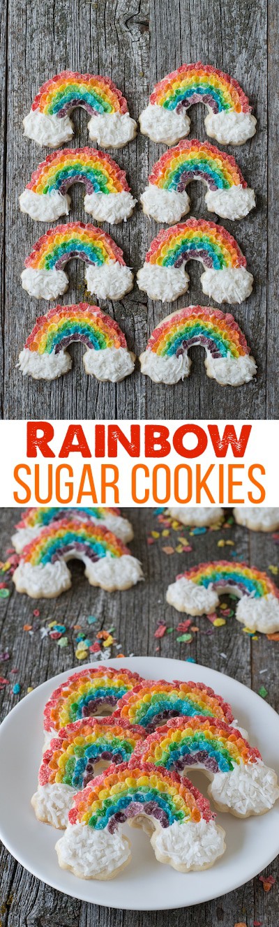 Rainbow Sugar Cookies - use fruity pebbles and shredded coconut to make rainbow cookies! 