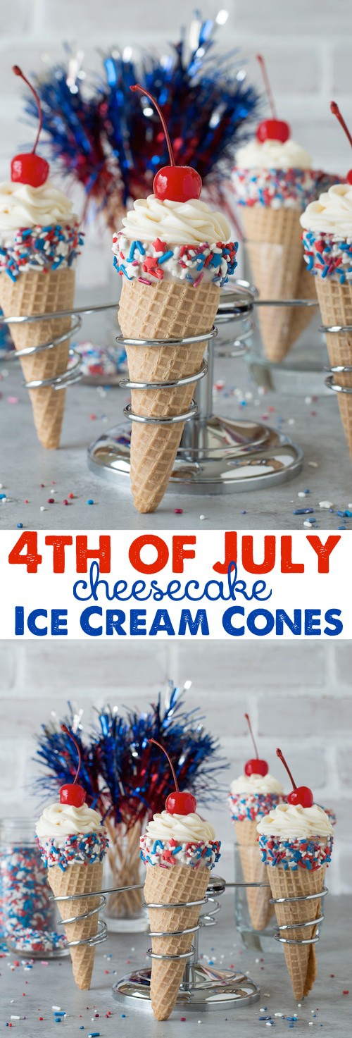 4th of July Cheesecake Ice Cream Cones - no bake vanilla cheesecake piped into 4th of july ice cream cones! 