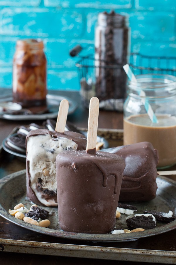Mocha Buster Bars - homemade mocha ice cream, oreos, peanuts, and hot fudge all covered in magic shell! 
