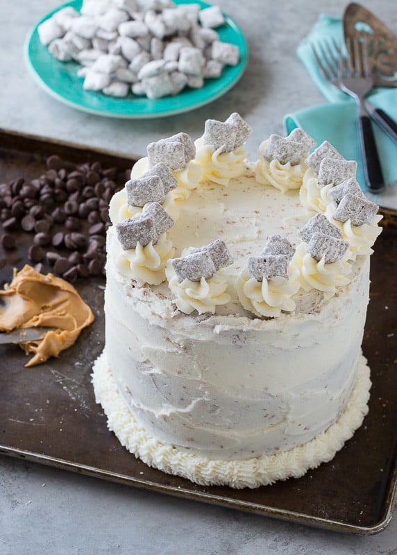 Puppy Chow Cake - chocolate and peanut butter cake loaded with puppy chow in between each layer! 
