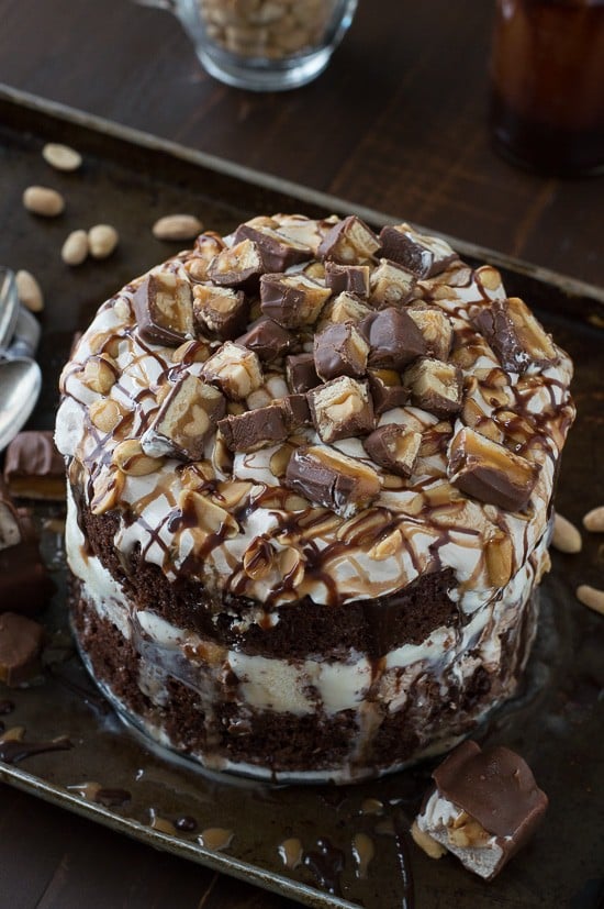 Snickers Bar Ice Cream Cake with actual Snickers ice cream bars inside the cake! This cake is LOADED! 