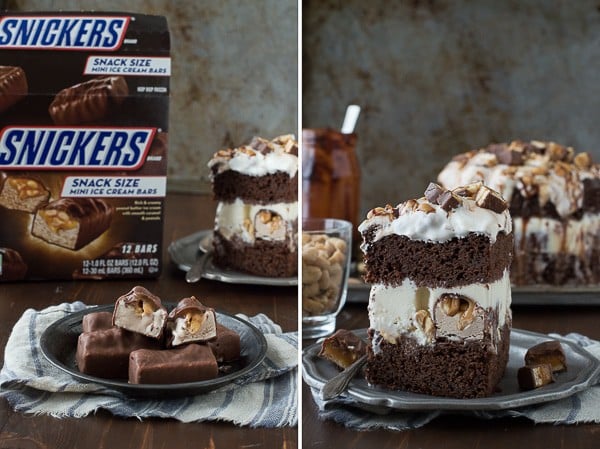 Snickers Bar Ice Cream Cake with actual Snickers ice cream bars inside the cake! This cake is LOADED! 