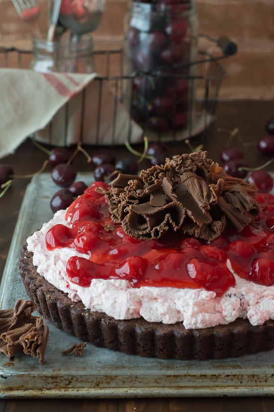 Cherry Brownie Tart - a brownie tart topped with cherry filling and chocolate curls!