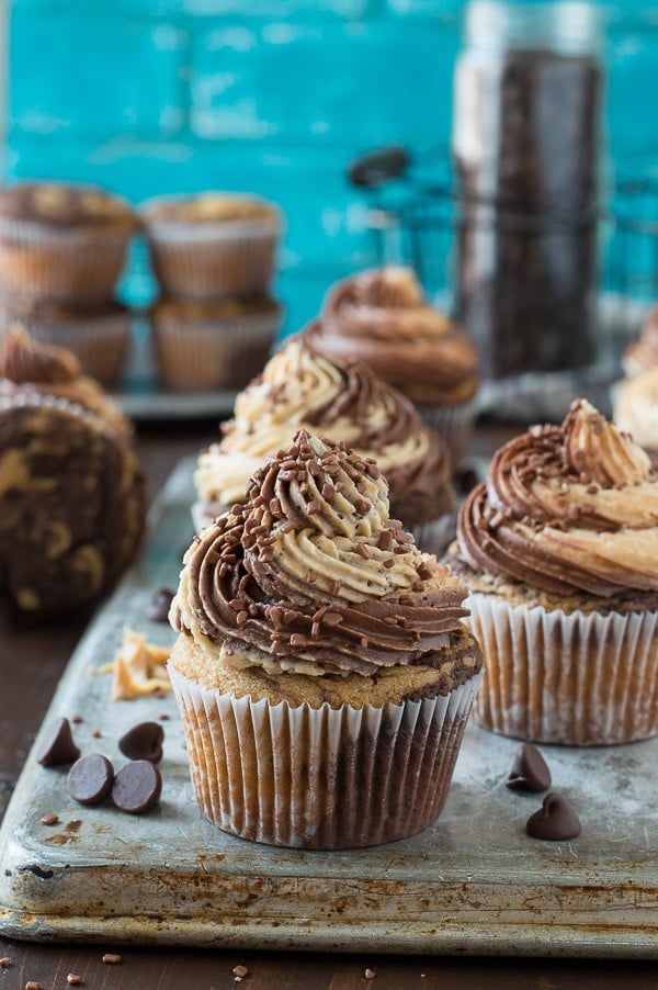 This is the best combo - swirled chocolate peanut butter cupcakes with chocolate peanut butter buttercream! 