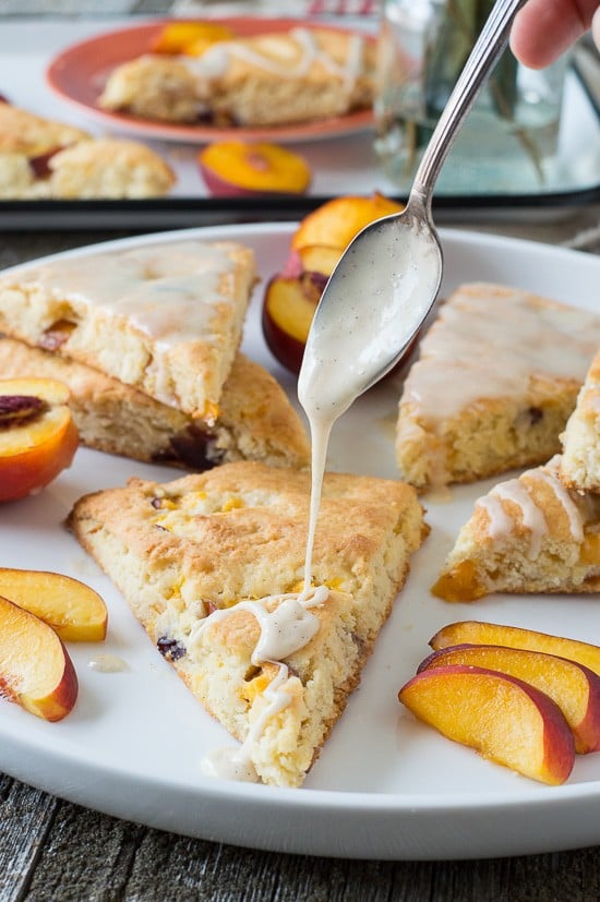 These fruit scones are loaded with fresh nectarines then drizzled with a vanilla bean glaze! Only 30 minutes from start to finish! 