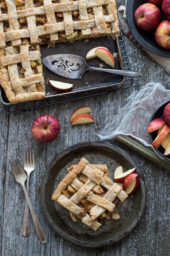An easy slab apple pie with lattice crust! Full of fresh apples and cinnamon, with directions on how to make a lattice crust!