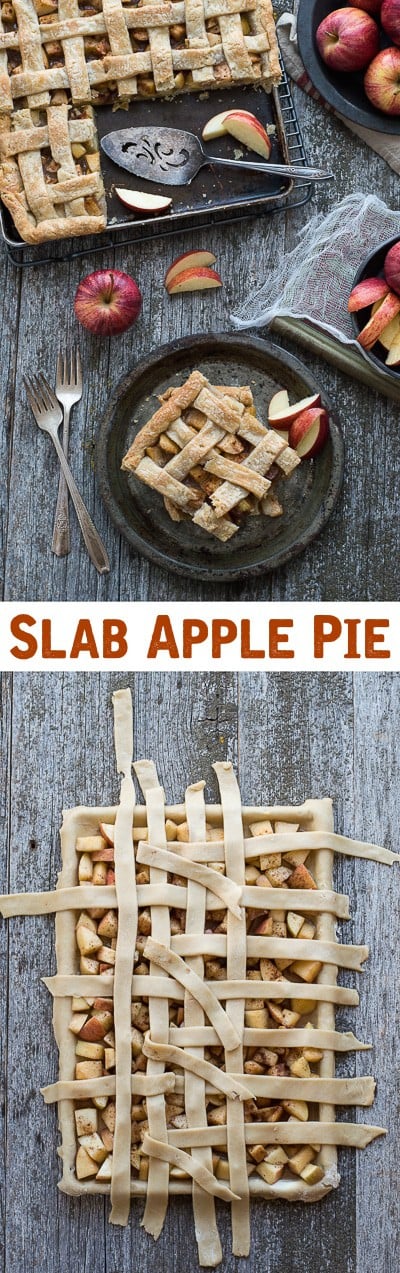 An easy slab apple pie with lattice crust! Full of fresh apples and cinnamon, with directions on how to make a lattice crust!
