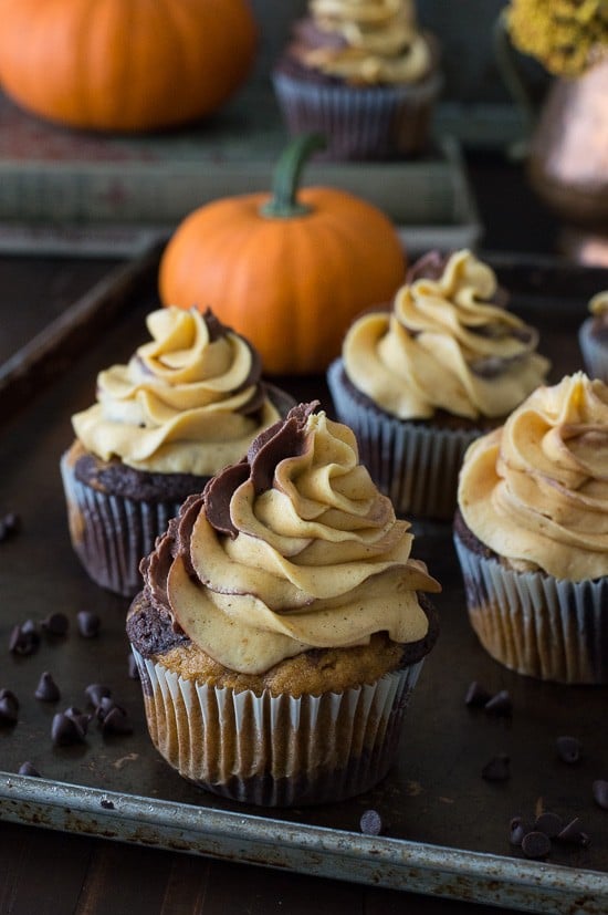 The BEST pumpkin chocolate cupcakes! With swirled cake and swirled pumpkin chocolate buttercream! 