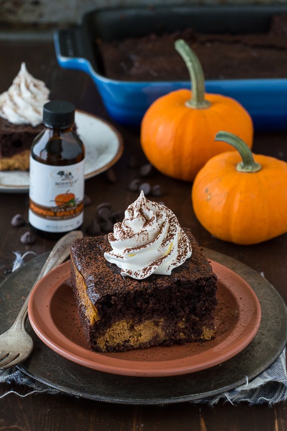 Easy Chocolate Pumpkin Magic Cake with a pumpkin pie layer and a chocolate cake layer! 