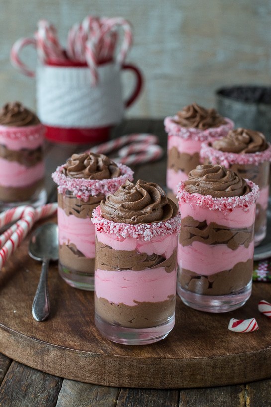 Layered chocolate peppermint mousse in dessert glasses! This is the best mousse and it’s eggless! 