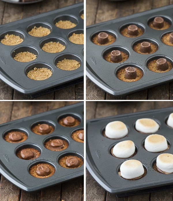 A twist on classic s’mores -Turtle S’mores Bites! Made with a pecan graham cracker crust, rolo’s, and toasted marshmallows! Make them in the oven in less than 20 minutes!