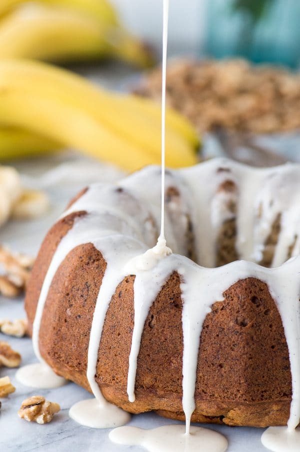 One bowl banana nut bundt cake drizzled with vanilla bean glaze!