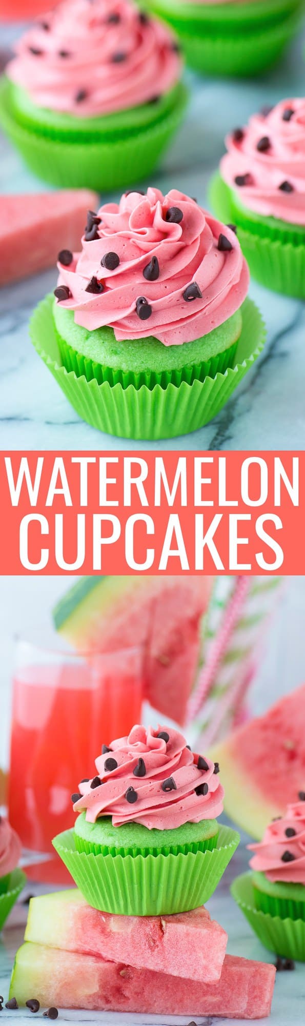Watermelon Cupcakes! Bright green cupcakes with buttercream that tastes like watermelon! Add mini chocolate chips for the watermelon seeds!