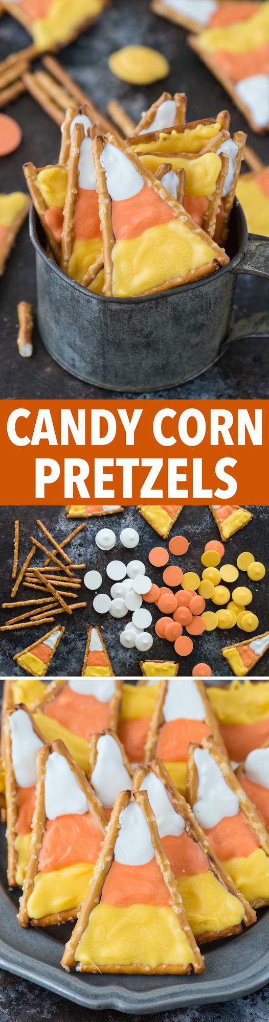 Super easy to make candy corn pretzels! This is a fun halloween treat that kids could make using pretzels and colored candy melts.