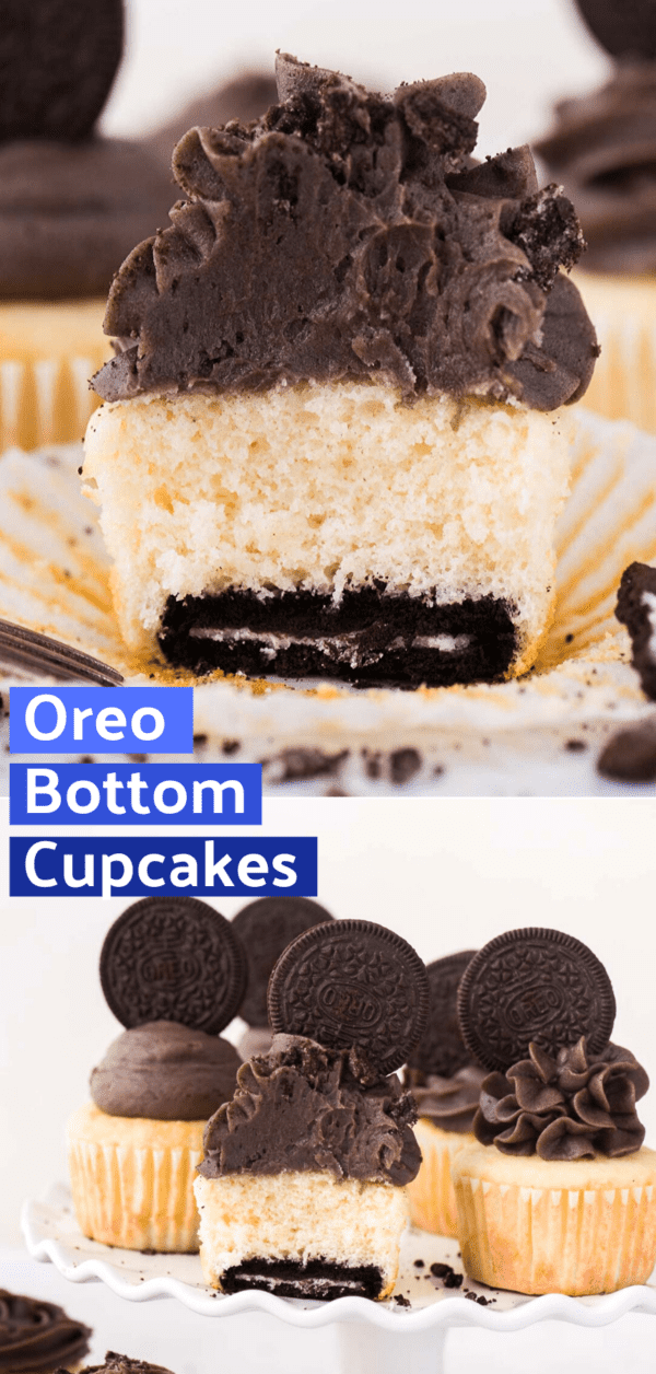vanilla oreo bottom cupcakes on white cake stand on white background collage with text overlay