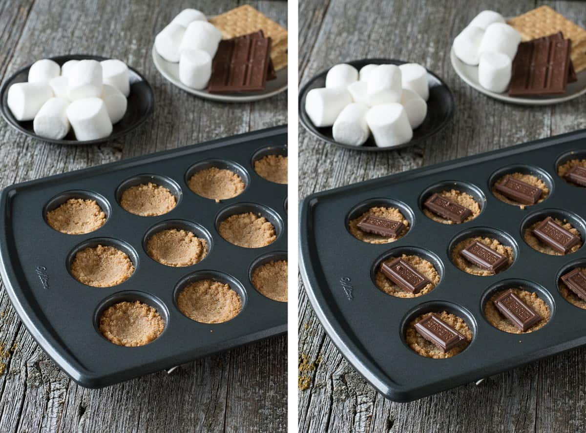 graham cracker crumbs in mini muffin pan, graham cracker crumbs in mini muffin pan with chocolate bar on top