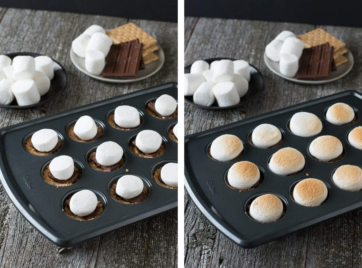 graham cracker crumbs in mini muffin pan with chocolate bar and marshmallow on top