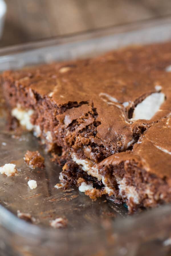 earthquake cake in glass cake pan
