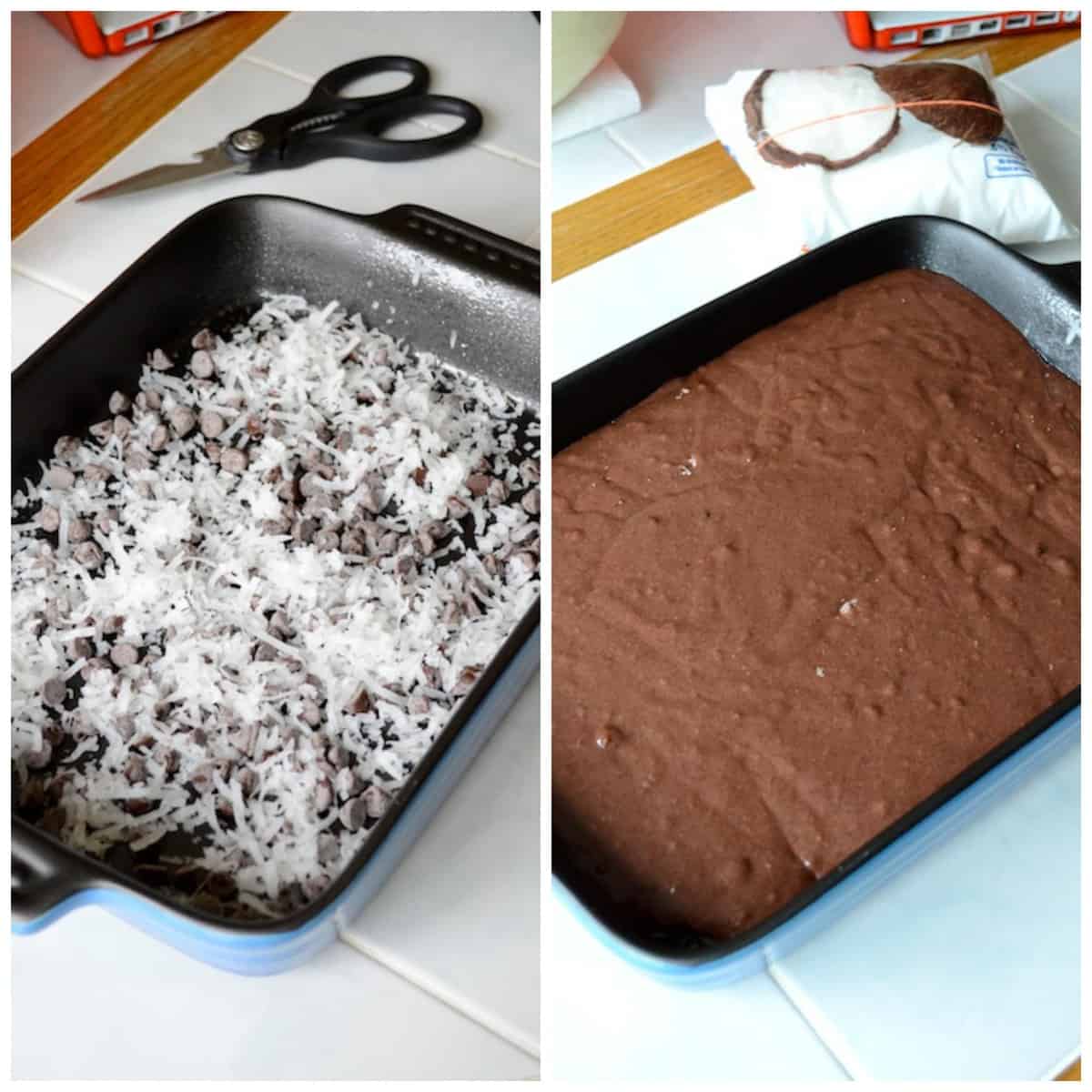 2 photos of ingredients in 9x13 inch cake pan - chocolate chips and coconut and cake batter