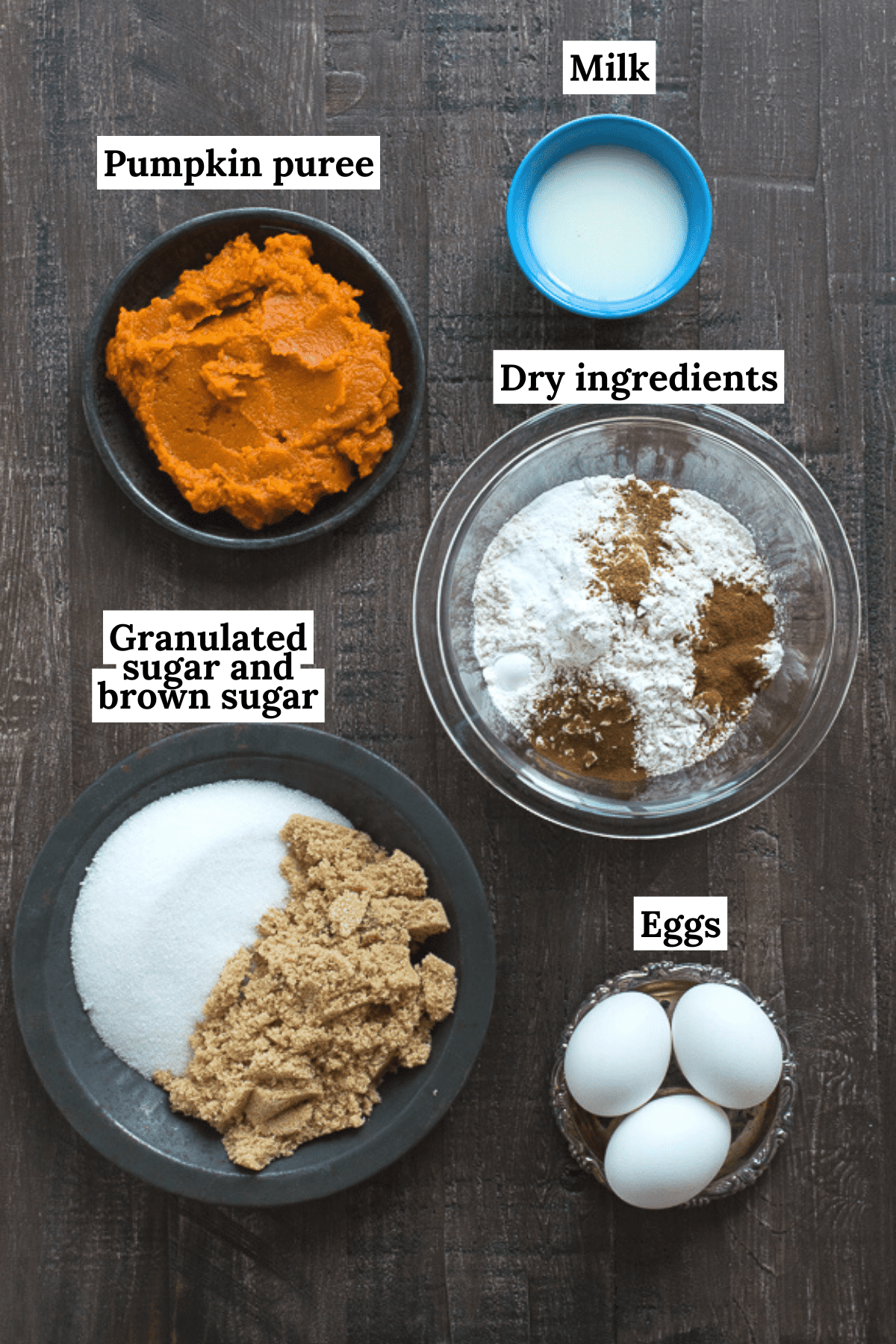 ingredients to make easy pumpkin bread on dark background