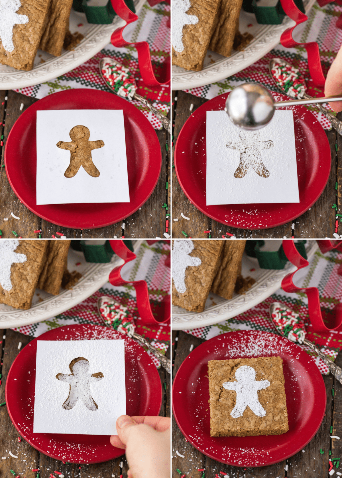 how to add powdered sugar gingerbread man on top of gingerbread brownies