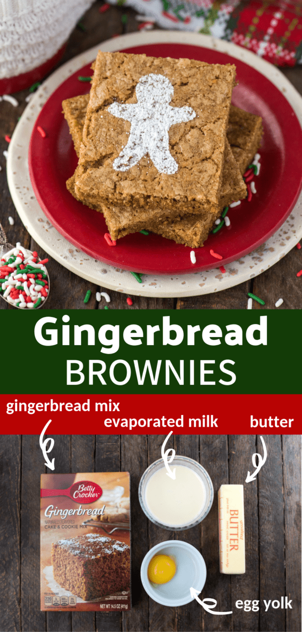gingerbread brownies dusted with powdered sugar gingerbread men on red plate on wood background with text overlay