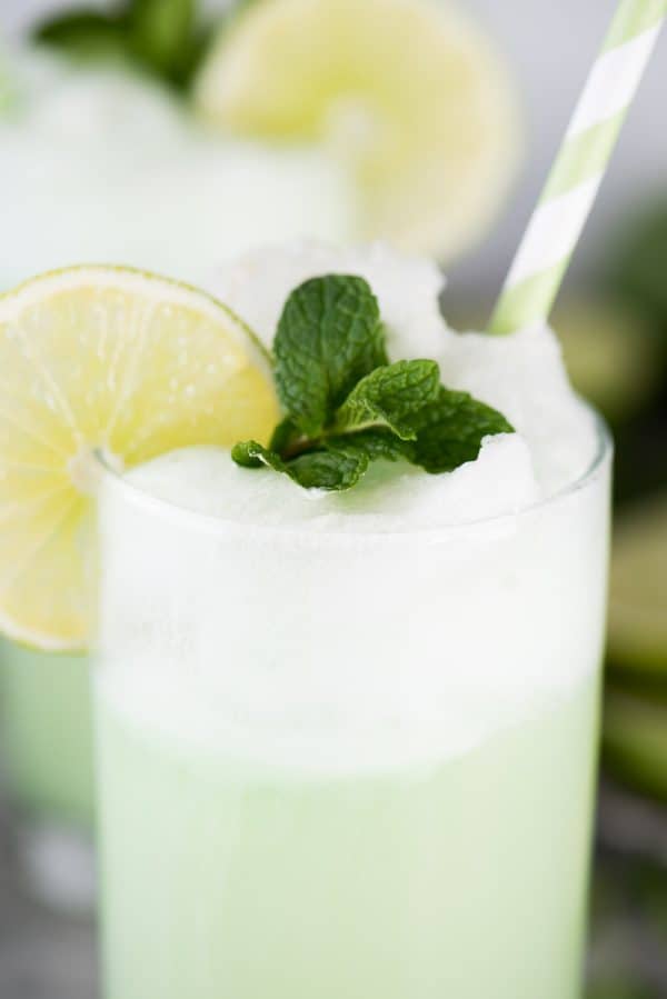 This is our favorite Lime Sherbet Float recipe because it calls for 2 secret ingredients that really make it taste AMAZING! Plus you can reuse this lime sherbet float recipe in the summertime or it would be fun to serve at a baby shower! lime sherbet float in glass cup with lime slice, mint leaves and green straw