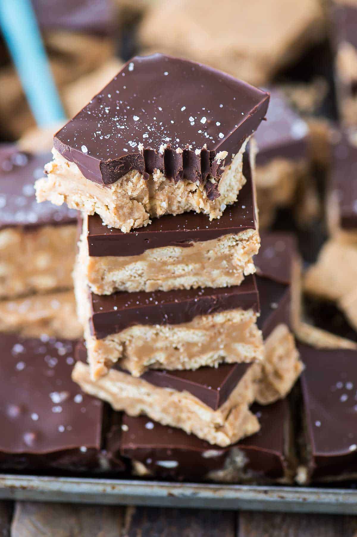peanut butter bars with chocolate stacked