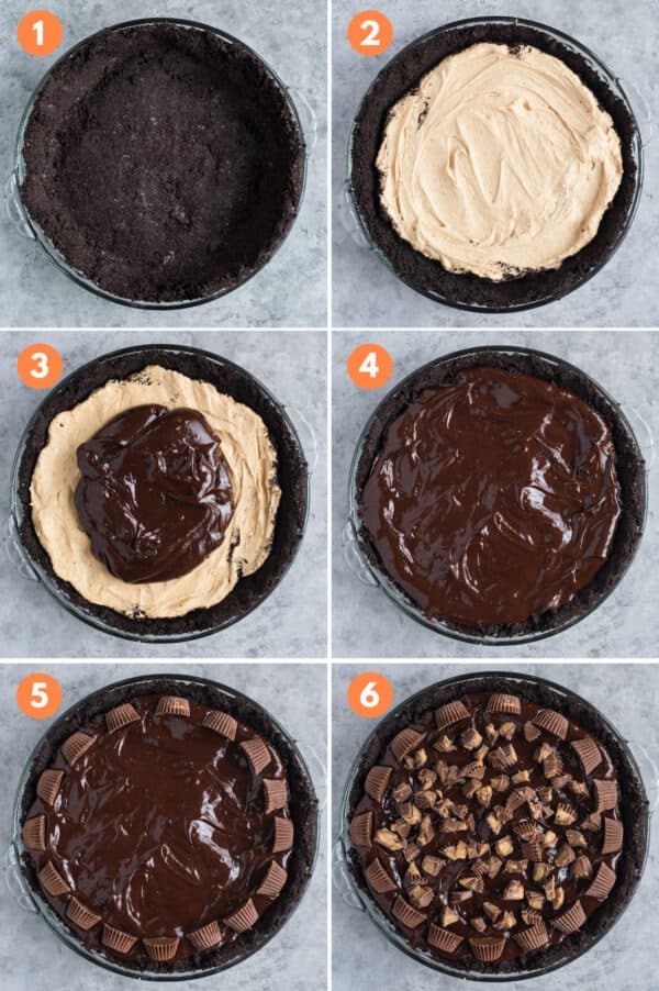 how to make chocolate peanut butter pie step by step collage