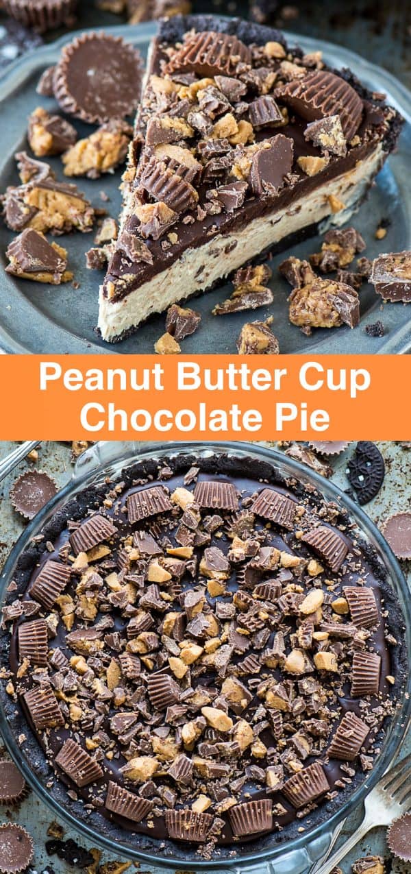 The BEST no bake peanut butter cup chocolate pie! Oreo crust, creamy peanut butter filling, chocolate ganache all LOADED with peanut butter cups! #peanutbuttercuppie #reesespie slice of peanut butter cup pie on metal plate