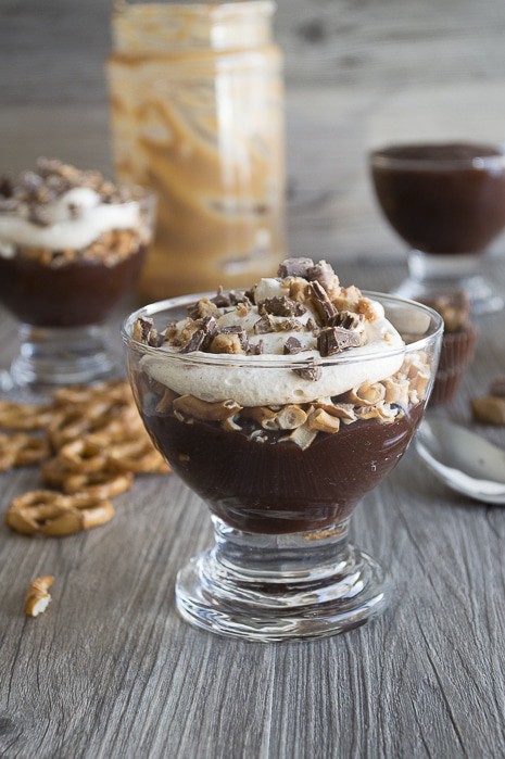 Chocolate Peanut Butter Pretzel Pudding Parfaits with Reese’s Crumbles