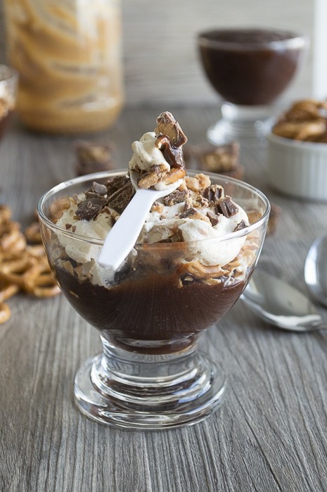 Chocolate Peanut Butter Pretzel Pudding Parfaits with Reese’s Crumbles