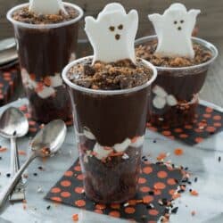 Celebrate Halloween with a pudding parfait! Add in brownies, marshmallows, pudding, and your favorite halloween candy.