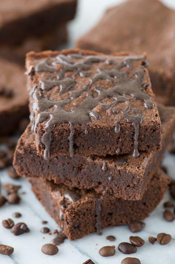 The best espresso brownies with real espresso grounds! Fudgy and dense, adaptable recipe for a small or large pan!
