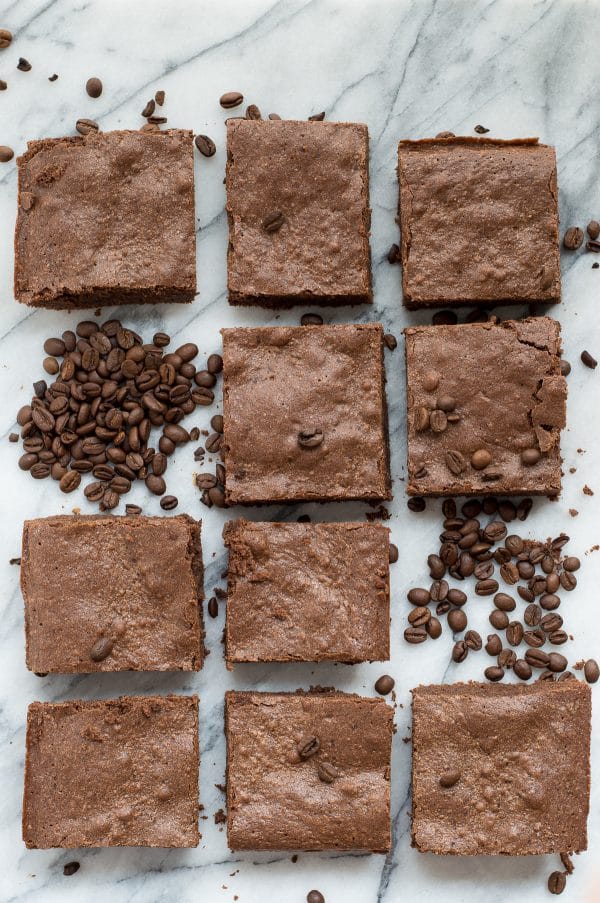 The best espresso brownies with real espresso grounds! Fudgy and dense, adaptable recipe for a small or large pan!