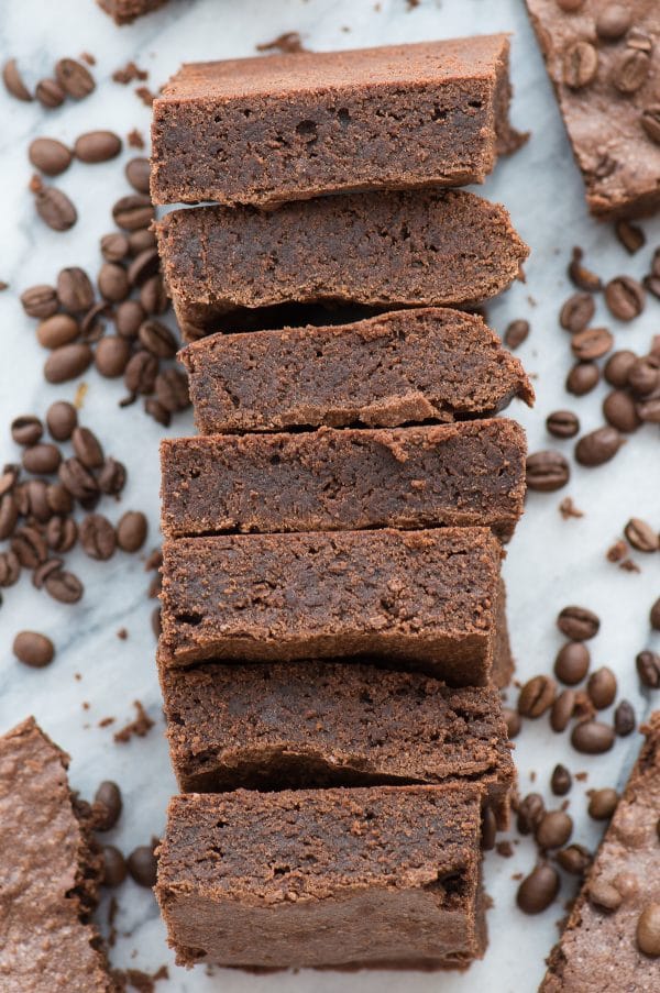 The best espresso brownies with real espresso grounds! Fudgy and dense, adaptable recipe for a small or large pan!