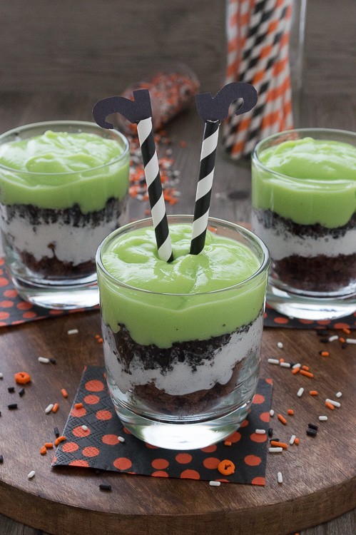 Celebrate Halloween with a pudding parfait. Mix up some green pudding and add in brownie pieces, whipped cream, and oreos. Top the parfait with easy to make witch’s legs! 