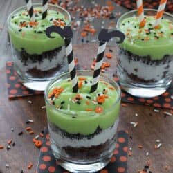 Celebrate Halloween with a pudding parfait. Mix up some green pudding and add in brownie pieces, whipped cream, and oreos. Top the parfait with easy to make witch’s legs!