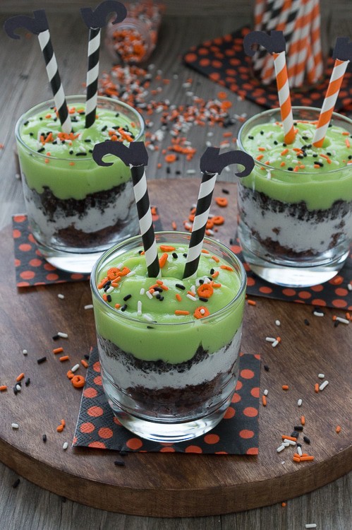 Celebrate Halloween with a pudding parfait. Mix up some green pudding and add in brownie pieces, whipped cream, and oreos. Top the parfait with easy to make witch’s legs! 