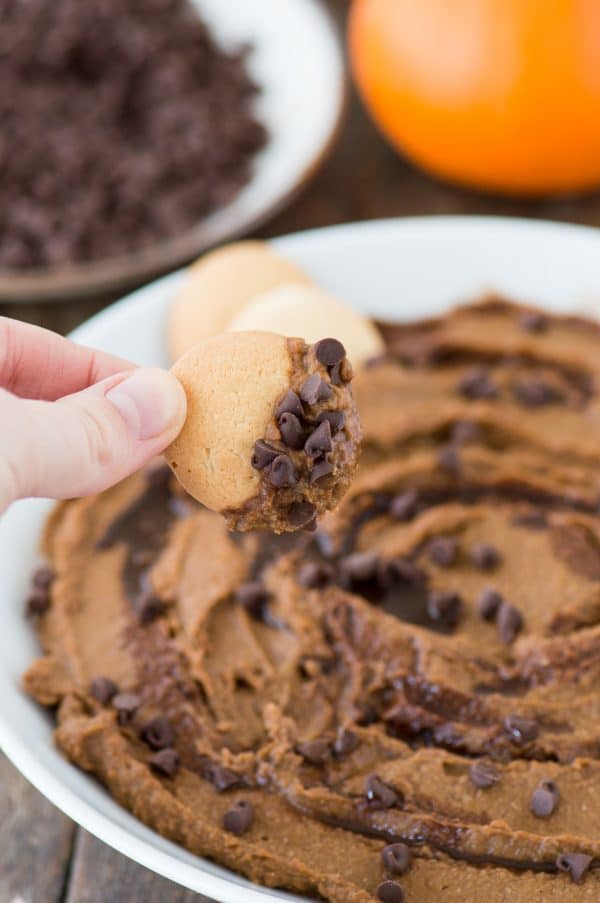 A healthier dessert hummus for the fall! Pumpkin chocolate chip hummus! 