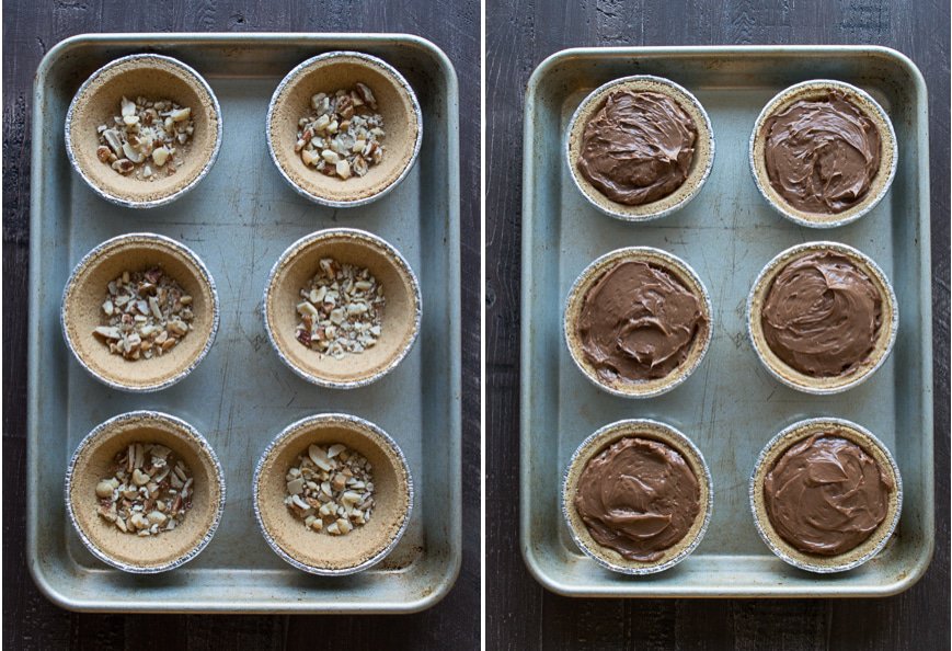 No bake mini pies with 2 layers of mixed nuts and a rich chocolate filling, all topped with chocolate and caramel!