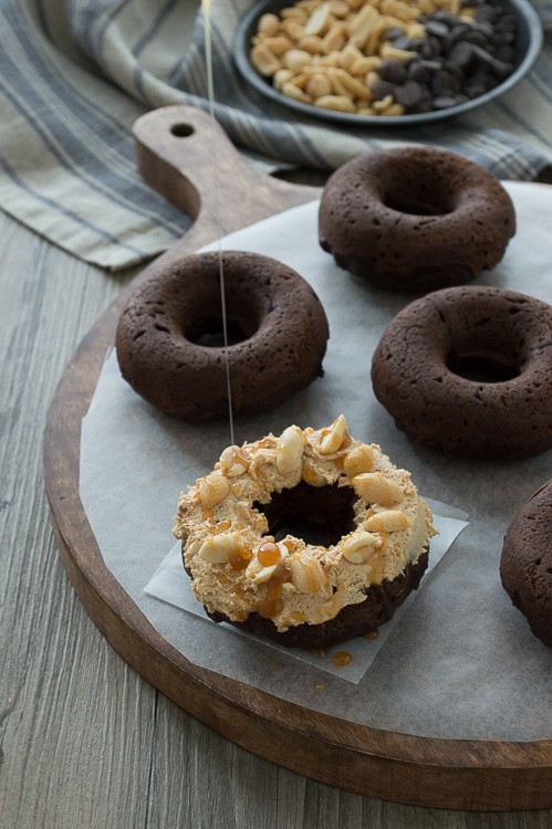 A rich, chocolate donut with marshmallow peanut butter nougat topped with peanuts and caramel sauce. You need to make these, they are AMAZING!