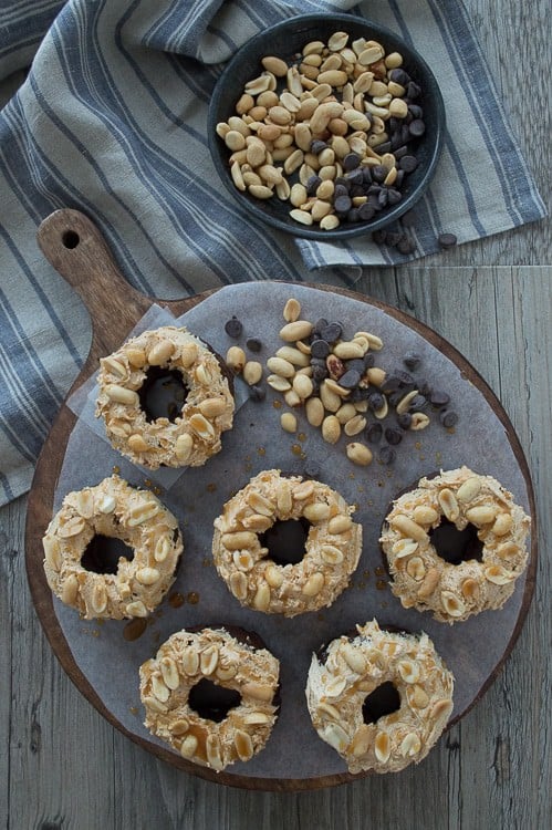 A rich, chocolate donut with marshmallow peanut butter nougat topped with peanuts and caramel sauce. You need to make these, they are AMAZING!