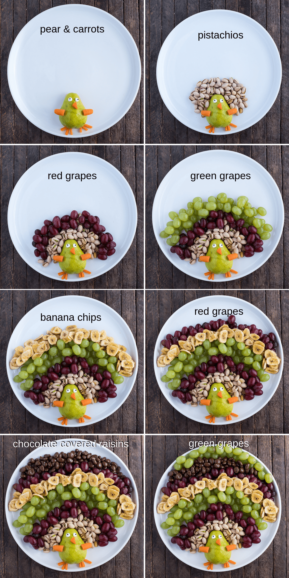 step by step how to make turkey shaped fruit tray with pistachios, grapes, banana chips, and pear and carrots on round white platter on wood background